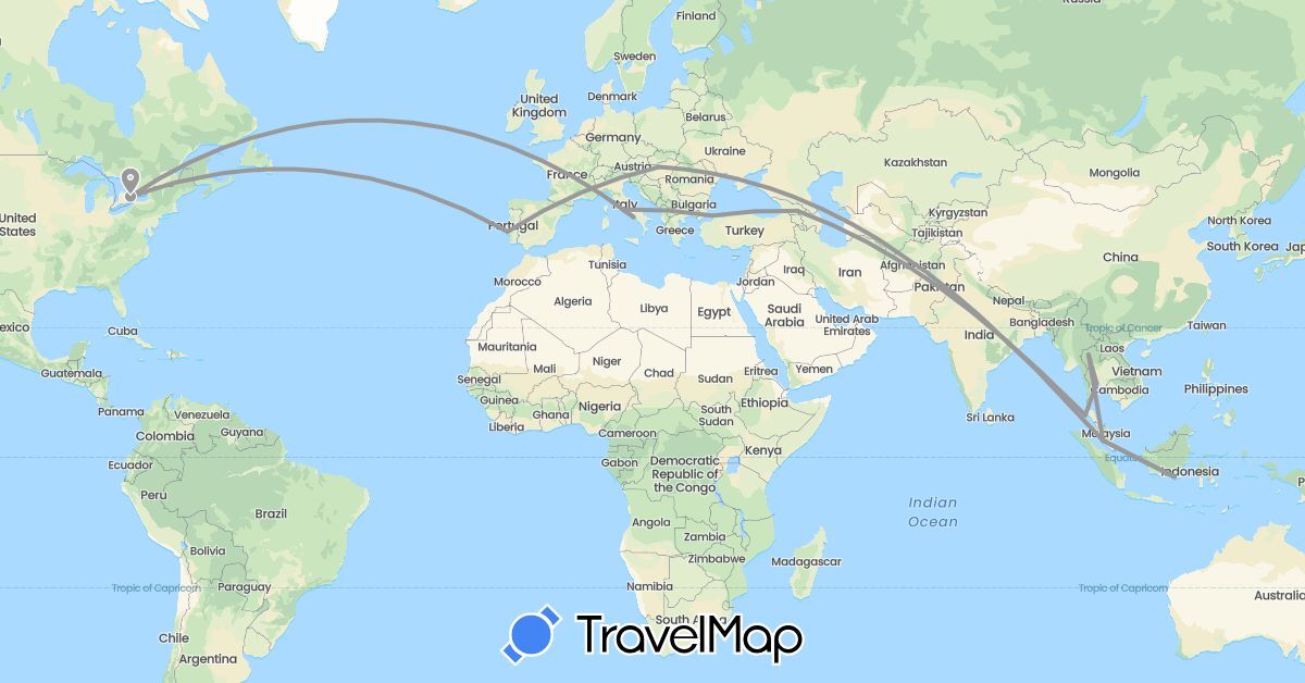 TravelMap itinerary: driving, plane in Canada, Georgia, Hungary, Indonesia, Italy, Malaysia, Portugal, Thailand, Turkey (Asia, Europe, North America)